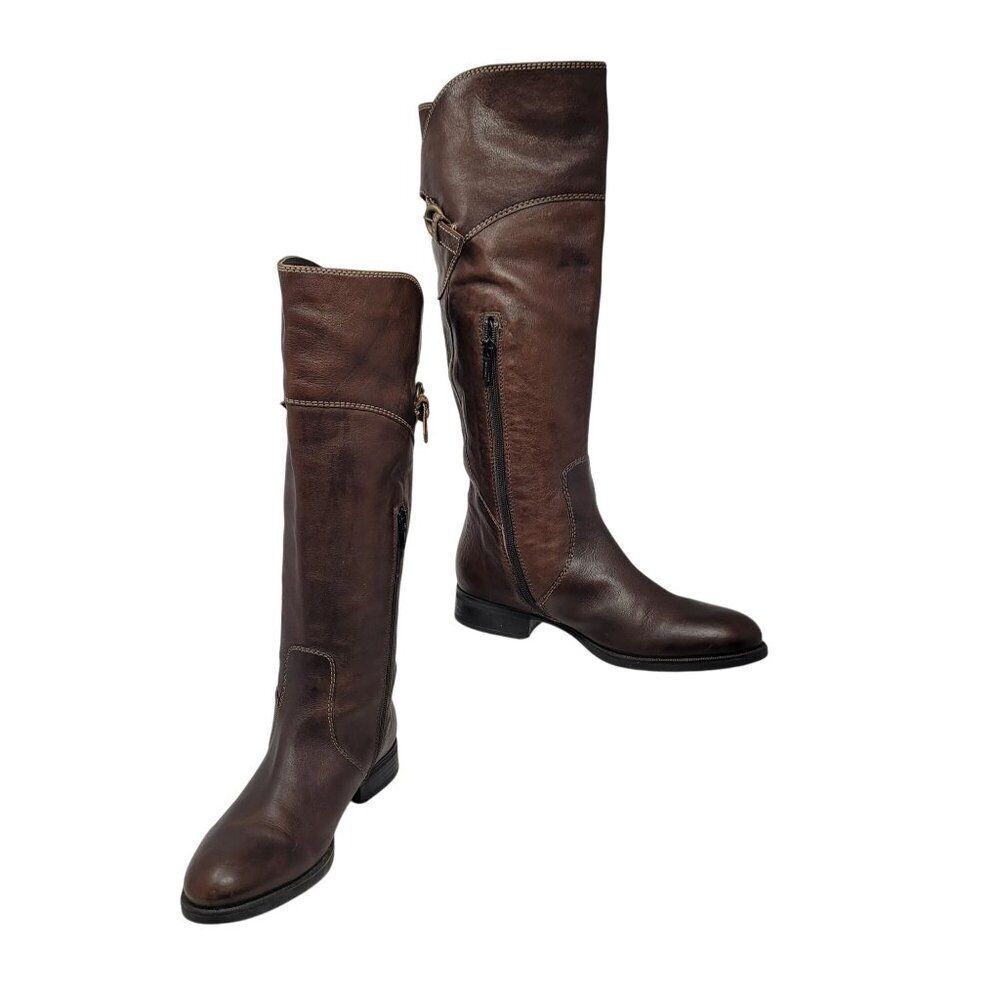 Vintage Womens Brown Leather Knee High Boots Sz 7.5 Equestrian Stitching Buckle